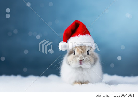 Christmas cute snowy baby hamster in red Santa hat Christmas cute snowy baby hamster in red Santa hat 113964061
