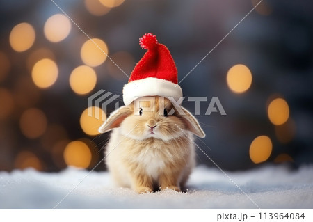 Christmas cute funny baby rabbit in red Santa hat Christmas cute funny baby rabbit in red Santa hat 113964084