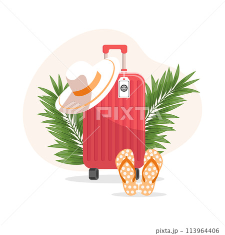 Summer background with travel suitcase, flip flops and summer hat. Vacation and travel concept. Illustration. Vector Summer background with travel suitcase, flip flops and summer hat. Vacation and travel concept. Illustration. Vector 113964406