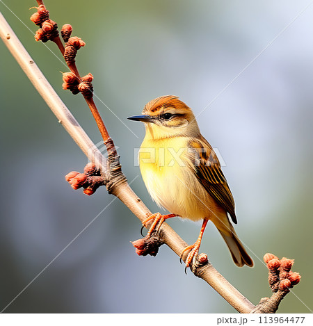 The Graceful Zitting Cisticola Bird Resting on a Branch 113964477