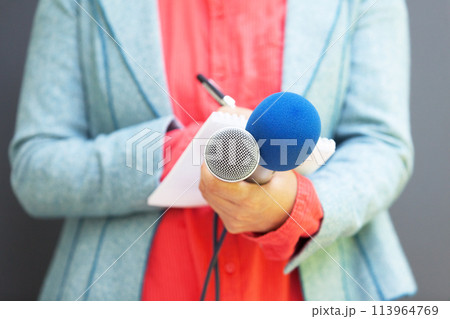 Female journalist at news conference, writing notes, holding microphone 113964769
