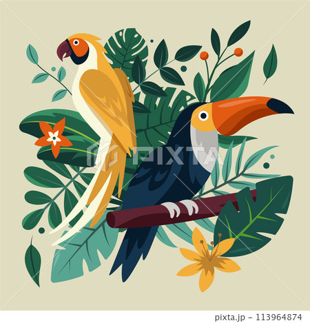 Flat exotic flora and fauna illustration with a toucan, parrot and tropical plants 113964874