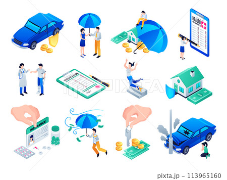 Isometric insurance elements collection with banking service concept 113965160