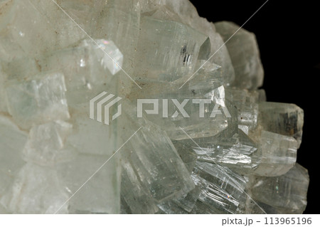 Macro stone Apophyllite mineral on black background Macro stone Apophyllite mineral on black background 113965196