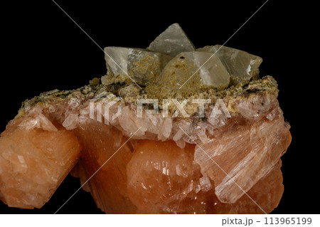 Macro stone Apophyllite mineral on black background Macro stone Apophyllite mineral on black background 113965199