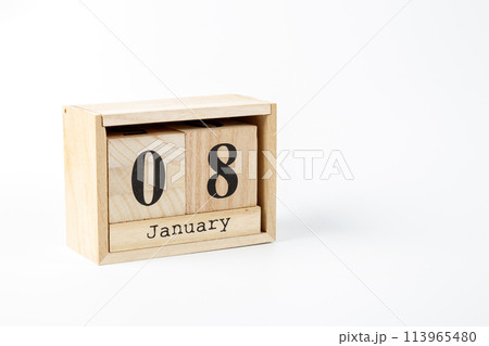 Wooden calendar January 08 on a white background Wooden calendar January 08 on a white background 113965480