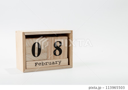 Wooden calendar February 08 on a white background Wooden calendar February 08 on a white background 113965503