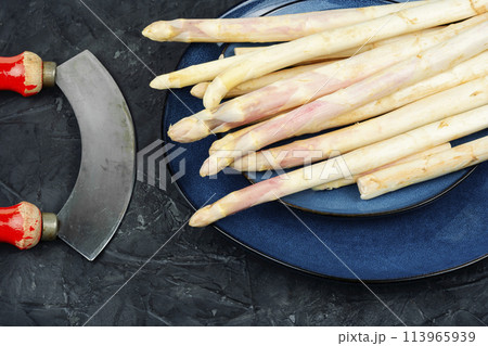 Raw white asparagus. 113965939