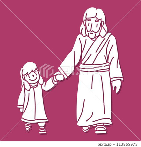 Jesus Walked Holding the Hand of a Little Girl Filled with Warmth Love and Peace Follow Jesus Cartoon Graphic Vector 113965975