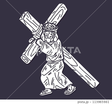 Jesus Carries the Cross with Crown of Thorns and Blood Cartoon Graphic Vector 113965981