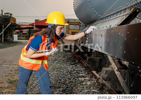 engineer women worker servicing check train. young teen maintenance locomotive rail transport vehicle. engineer women worker servicing check train. young teen maintenance locomotive rail transport vehicle. 113966097