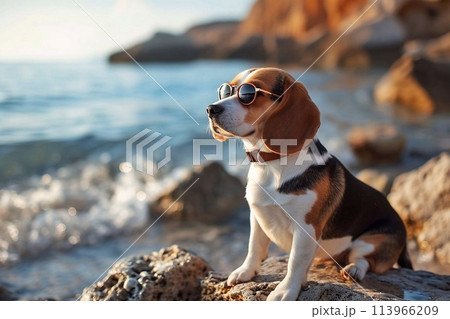 Beagle dog with sunglasses on the seashore. 113966209