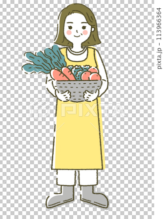 Middle-aged woman farming Farmer holding a basket of vegetables 113966364
