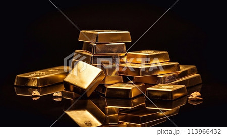 A stack of gold bars on a dark background. 113966432