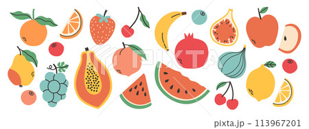 Set of different fruits and berries. Collection of organic vitamins and healthy nutrition. Watermelon, banana, peach Set of different fruits and berries. Collection of organic vitamins and healthy nutrition. Watermelon, banana, peach 113967201