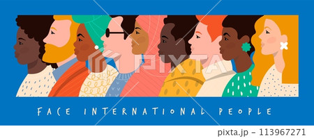 Art characters. International people faces. Global communication. Woman and man portrait side view. Avatar heads. Multiracial group. Young African and Caucasian persons. Vector diversity banner design 113967271