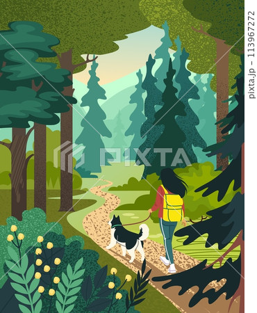 Forest illustration. Path in woods. trees. Woman walking with dog. Woodland landscape. Natural park. Holiday in nature. Summer hiking travel card. Trees foliage and flowers. Vector background design Forest illustration. Path in woods. trees. Woman walking with dog. Woodland landscape. Natural park. Holiday in nature. Summer hiking travel card. Trees foliage and flowers. Vector background design 113967272