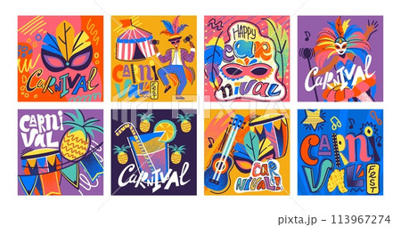 Carnival party poster. Festival costume and mask. Circus fair. Music concert. Brazilian fest background. Cocktail bar. People festive dance. Happy man and woman. Abstract banners vector design set Carnival party poster. Festival costume and mask. Circus fair. Music concert. Brazilian fest background. Cocktail bar. People festive dance. Happy man and woman. Abstract banners vector design set 113967274