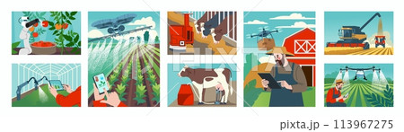 Agriculture farm. Rural land. Harvester at wheat field. Vegetables growing in greenhouse. Farmer work. Cow milking. Agro-drone. Countryside landscape. Agricultural innovation. Vector illustrations set Agriculture farm. Rural land. Harvester at wheat field. Vegetables growing in greenhouse. Farmer work. Cow milking. Agro-drone. Countryside landscape. Agricultural innovation. Vector illustrations set 113967275