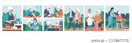 Care nurse. Help to senior patient. Hospital carer. Nursing home. Old men play chess. Grandmother in wheelchair. Happy older woman walking in clinic park. Elder life. Elderly couple leisure vector set 113967278