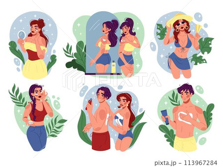 Sun sunburn. Heat body skin care. Sunbathing people at beach. Woman applying moisturizing cream. SPF cosmetic lotion. Exposure dehydration. Sunstroke protection. Hot summer weather. Vector tidy set 113967284