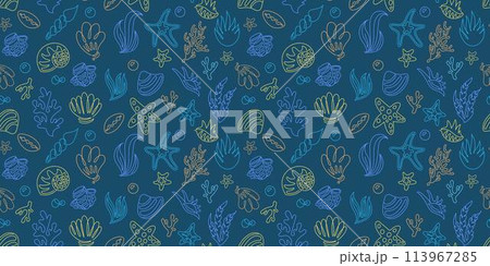 Sea seashell seamless pattern. Ocean nature. Line starfish and seaweeds. Doodle marine background. Linear beach shellfish. Sand conch. Underwater design. Summer vacation. Vector tropical tidy texture Sea seashell seamless pattern. Ocean nature. Line starfish and seaweeds. Doodle marine background. Linear beach shellfish. Sand conch. Underwater design. Summer vacation. Vector tropical tidy texture 113967285