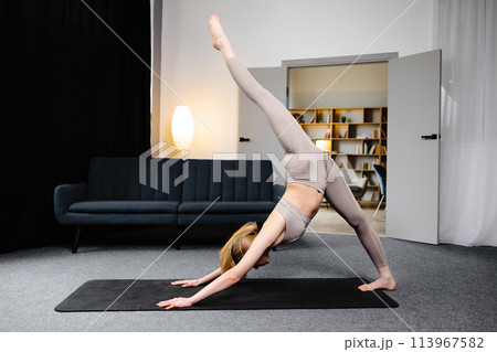 Side view of sporty girl in leggings and top standing in three-legged down dog pose in living room. Caucasian barefoot lady practicing yoga, focused on exercising along at home. Concept of yoga. Side view of sporty girl in leggings and top standing in three-legged down dog pose in living room. Caucasian barefoot lady practicing yoga, focused on exercising along at home. Concept of yoga. 113967582