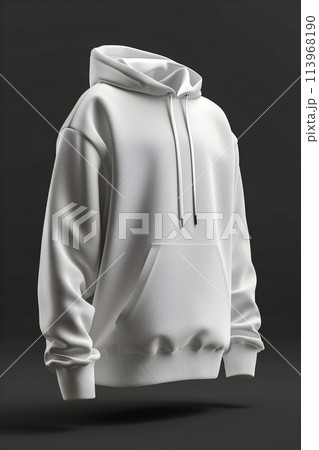 A white hoodie is shown in a 3D rendering, with the hood pulled up 113968190