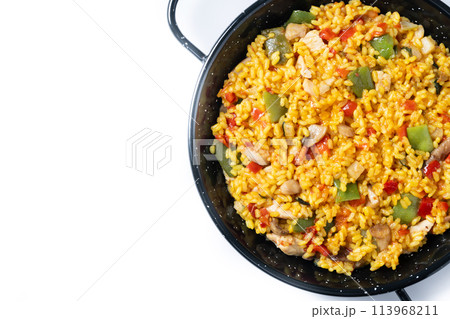 Yellow rice with chicken and vegetables isolated on white background 113968211