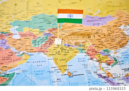 India on world map with flag India on world map with flag 113968325
