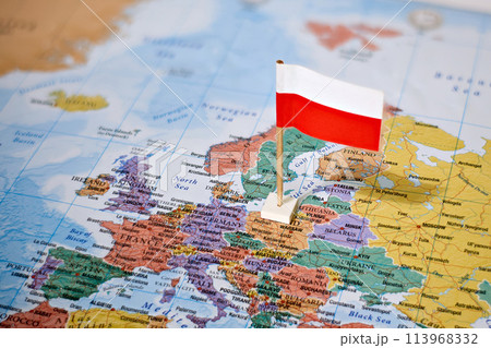 Poland on world map with flag 113968332
