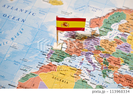 Spain on world map with flag 113968334