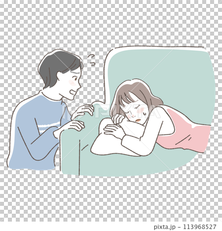 つわりで苦しむ妻を心配する夫のイラスト。 113968527