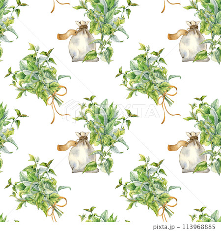 Herb sachet with label and bush of nettles watercolor seamless pattern isolated on white. Illustration of the herb plant Urticaria dioica. Stinging plant hand drawn. Label, packaging, textile 113968885