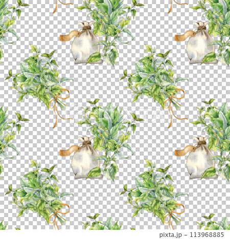 Herb sachet with label and bush of nettles watercolor seamless pattern isolated on white. Illustration of the herb plant Urticaria dioica. Stinging plant hand drawn. Label, packaging, textile 113968885