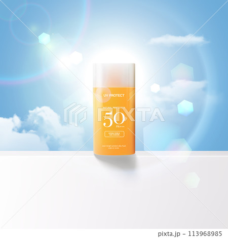 Summer sunscreen for skin protection,realistic cosmetic bottle mockup. 113968985