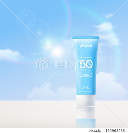 Summer sunscreen for skin protection,realistic cosmetic bottle mockup. 113968986