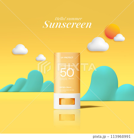 Summer sunscreen for skin protection,realistic cosmetic bottle mockup. 113968991