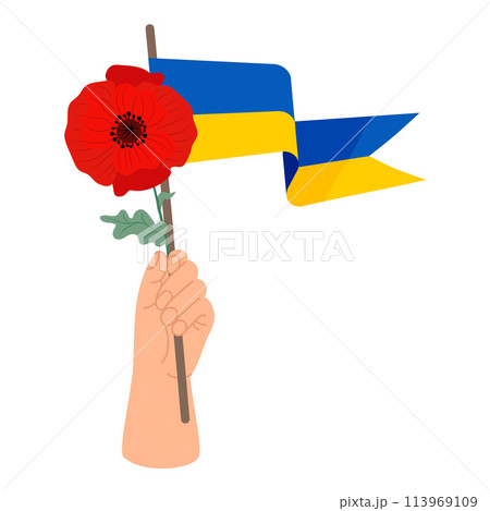 Hand with Ukrainian flag and red poppy flower. Vector illustration 113969109