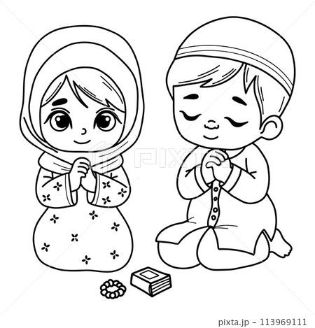 Cute traditional praying Islamic children. Religious ethnic believer little girl and boy character on his knees with folded hands in prayer. Vector illustration. Isolated outline hand drawings Cute traditional praying Islamic children. Religious ethnic believer little girl and boy character on his knees with folded hands in prayer. Vector illustration. Isolated outline hand drawings 113969111