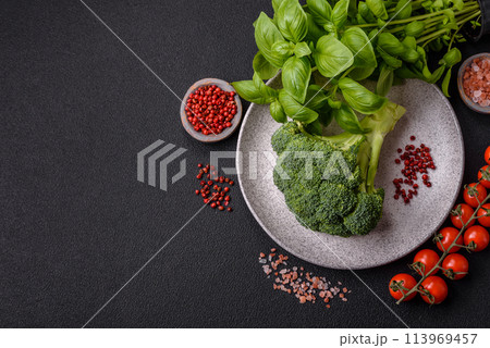 Fresh raw green broccoli in the form of a branch as an ingredient for cooking food at home 113969457