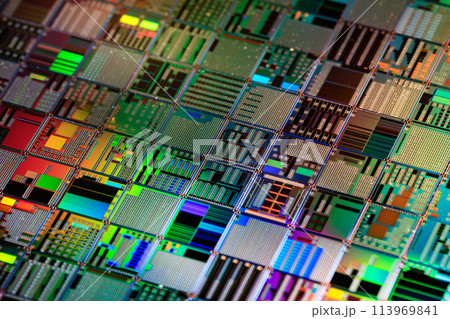 Silicon semiconductor wafer close-up. In electronics, a wafer also called a slice or substrate is a thin slice of semiconductor, a crystalline silicon, used for the fabrication of integrated circuits Silicon semiconductor wafer close-up. In electronics, a wafer also called a slice or substrate is a thin slice of semiconductor, a crystalline silicon, used for the fabrication of integrated circuits 113969841