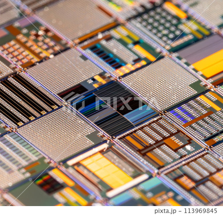 Silicon semiconductor wafer close-up. In electronics, a wafer also called a slice or substrate is a thin slice of semiconductor, a crystalline silicon, used for the fabrication of integrated circuits 113969845