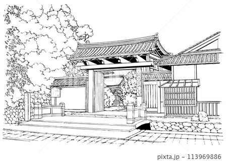 漫画風ペン画イラスト　和風_門 113969886