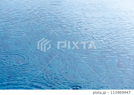 Round droplets of water over circles on pool water. Round droplets of water over circles on pool water. 113969947