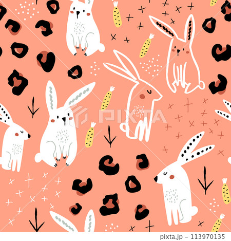 Seamless pattern with cute hand drawn bunny, leopard dots, carrots . Creative jungle childish texture. Great for fabric, textile Vector Illustration Seamless pattern with cute hand drawn bunny, leopard dots, carrots . Creative jungle childish texture. Great for fabric, textile Vector Illustration 113970135