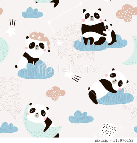 Seamless pattern with cute sleeping pandas, moon, rainbows, clouds. Creative good night background. Perfect for kids apparel,fabric, textile, nursery decoration,wrapping paper.Vector Illustration Seamless pattern with cute sleeping pandas, moon, rainbows, clouds. Creative good night background. Perfect for kids apparel,fabric, textile, nursery decoration,wrapping paper.Vector Illustration 113970152