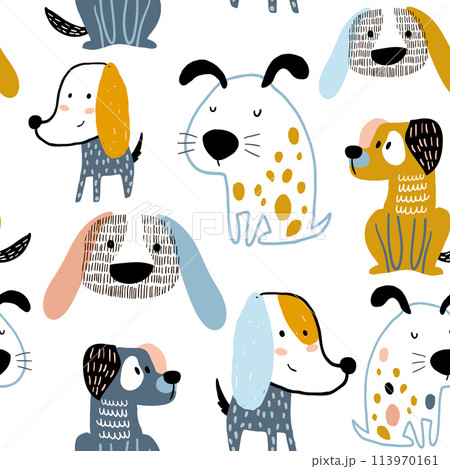 Childish seamless pattern with funny creative dogs. Trendy scandinavian vector background. Perfect for kids apparel,fabric, textile, nursery decoration,wrapping paper Childish seamless pattern with funny creative dogs. Trendy scandinavian vector background. Perfect for kids apparel,fabric, textile, nursery decoration,wrapping paper 113970161