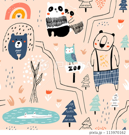 Seamless pattern with panda, bear,owl, crocodile and woodland elements. Creative zoo childish texture. Great for fabric, textile Vector Illustration 113970162