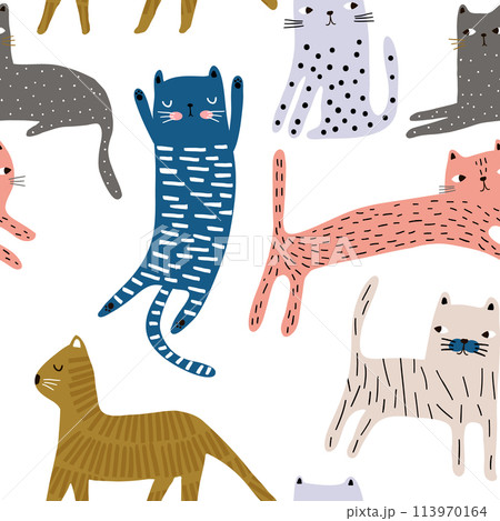 Seamless pattern with cute colorful cats. Creative childish texture. Great for fabric, textile Vector Illustration 113970164